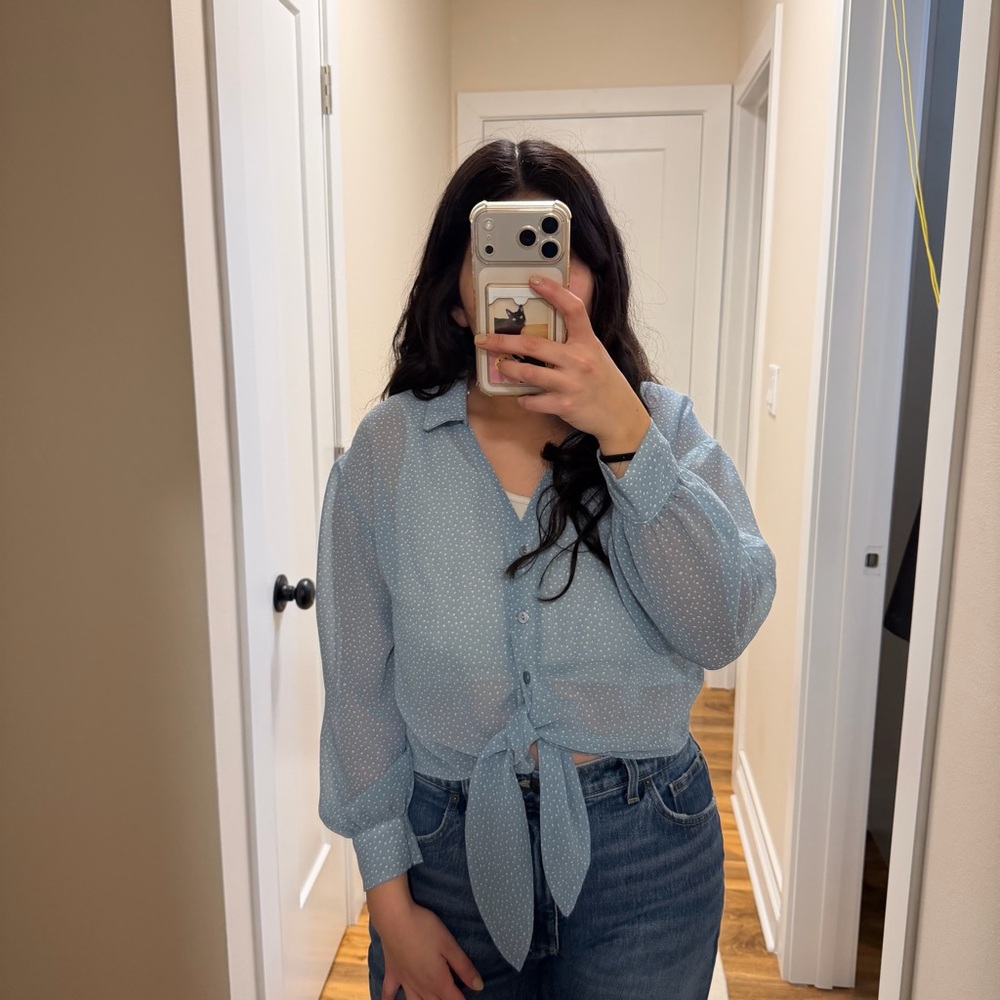 Bershka Sky Blue Polka Dot Tie-Front Blouse